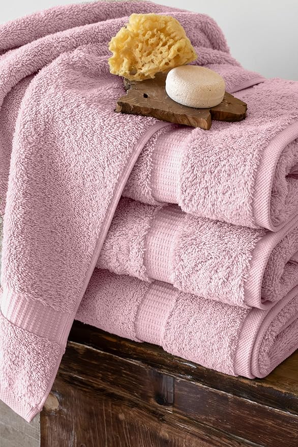 SALBAKOS 100% Turkish Cotton Bath Towel Set of 4 27x54 inch | Heirloom Quality | Hotel & Spa Collection | Ultra Soft, Super Absorbent, Long Lasting Bath Towels | Made in Turkey (Rose, 4 Bath Towels)
