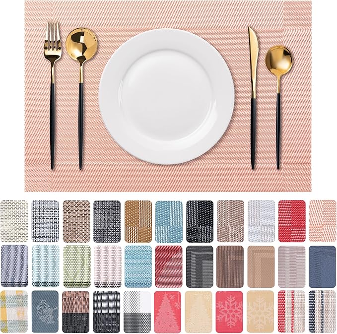 CADONO Placemats Set of 6 Washable Indoor/Outdoor Vinyl Place Mats for Dining Table Durable Non-Slip Heat Resistant PVC Weave Table Mats（Four-Corner-Peachpink）