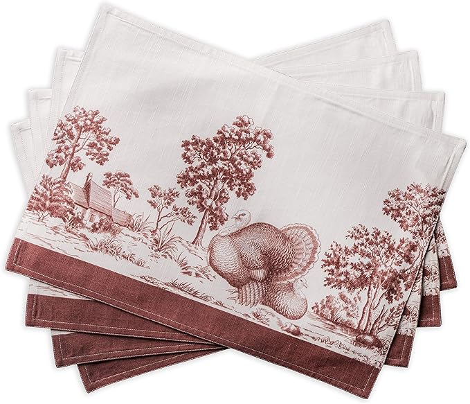 Maison d' Hermine Placemats Set of 4 100% Cotton Washable Cloth Place Mats, Reusable Table Mats for Thanksgiving Christmas Decorations Kitchen Dining Party Wedding (Holy Jouy - Brown, 13" x 19")