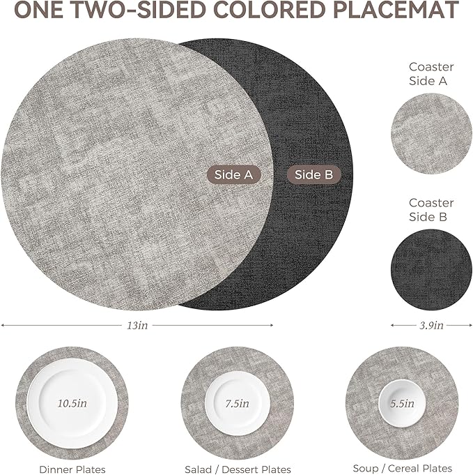 13" Round Placemats Set of 4, NCUE Dual-Sided Faux Leather Heat Resistant Table Mats, Waterproof Oilproof Washable Protective Table Placemats with Coaster, Wipeable Vinyl for Indoor & Outdoor Use