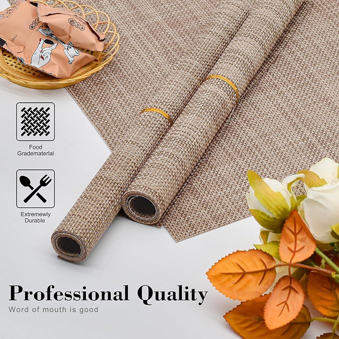 CADONO Placemats Set of 4 Washable Indoor/Outdoor Vinyl Place Mats for Dining Table Durable Non-Slip Heat Resistant PVC Weave Table Mats（Khaki）
