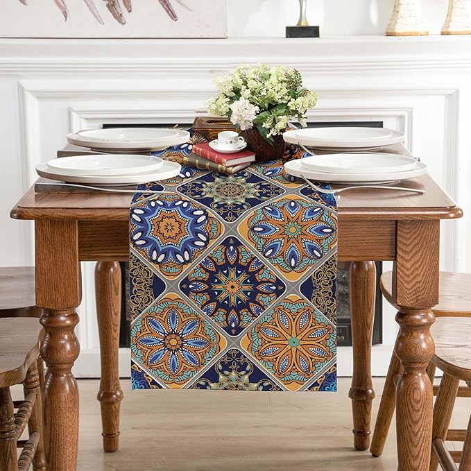 Boho Bohemian Table Runner 90 Inches Long, Vintage Seasonal Blue Table Runners for Party Kitchen Dining Coffee Table Bedroom Dressers Indoor Outdoor, Machine Washable (Bohemian C, 13” x 90”)