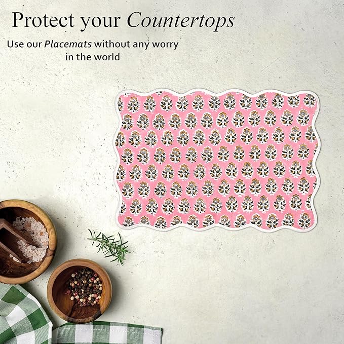 CPC Cotton Placemats Poopy Pink Set of 4-Hand Block Printed Reversible Placemats, Flower Scalloped & Embroidered Cloth Table Mats - 14 x 20 inch Gift for Spring, Mother's Day
