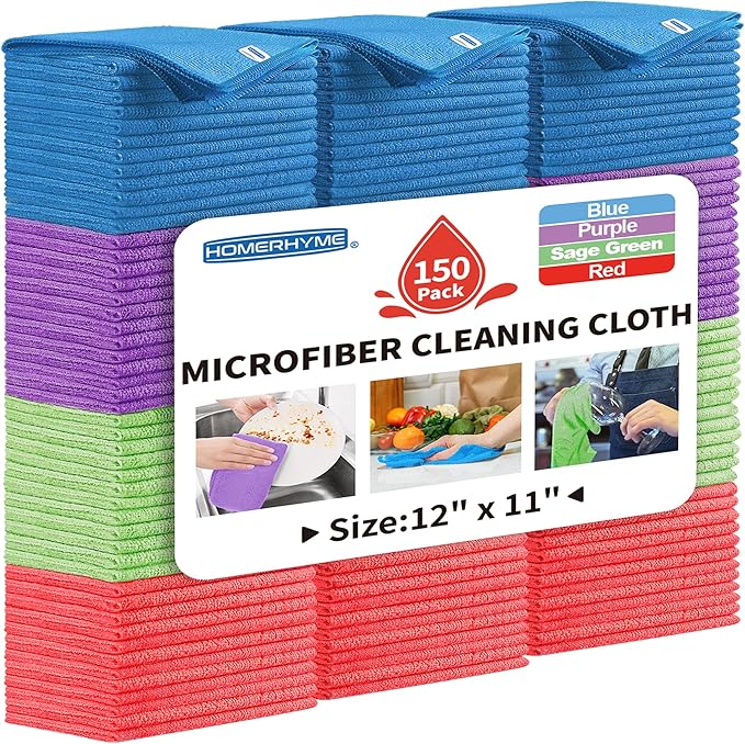 Microfiber Cleaning Cloth, 150 Pack Cleaning Rags,12" X 11" Lint Free Dish Towels Wash Cloths, Reusable Microfiber Towels for Home and Kitchen Bathroom Apartment Cleaning Supplies, Assorted