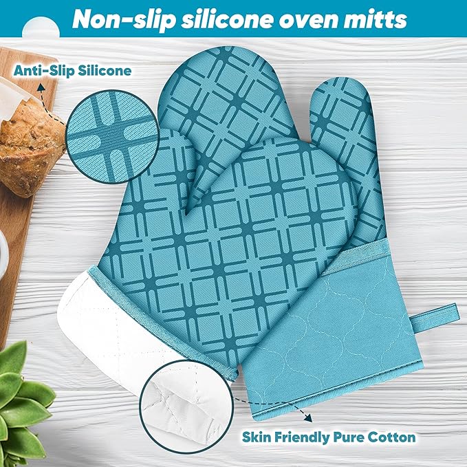 Oven Mitts and Pot Holders Set with Dishcloths, 500 Degree Heat Resistant Oven Gloves and Hot Pads, Premium Soft Cotton Kitchen Mittens and Dish Cloth Sets-Lake Blue
