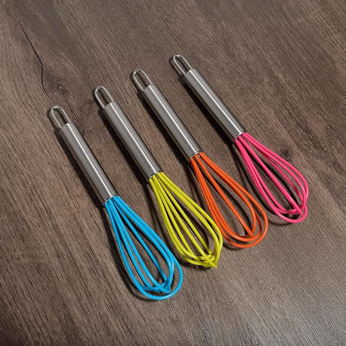 Mini Whisks 6 inch 4Pcs silica gel stainless steel Whisk, Hand Egg Mixer for Flour Cake Egg, Kitchen Cooking Baking Use Whisk （red，yellow，orange，blue）