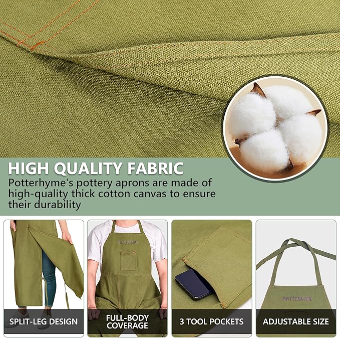 Full Coverage Pottery Apron Split Leg - 100% Cotton Canvas Potter's & Ceramics Aprons with Pockets for Women & Men