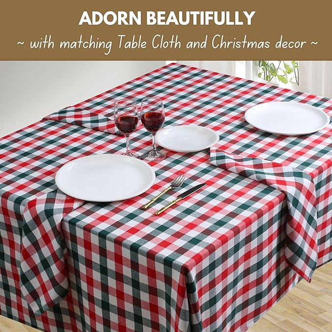 Native Fab Checked Cloth Napkins Set of 12-100% Cotton, 16x16 inch, Soft & Durable, Machine Washable, Reusable Dinner Napkins for Dining, Holiday, Party, Gingham Design - Red, White, Olive Green