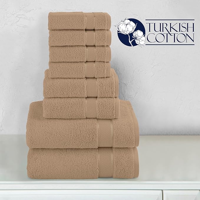 Elegant Comfort Premium Cotton 8-Piece Towel Set, Includes 4 Washcloths, 2 Hand Towels and 2 Bath Towels, 100% Turkish Cotton - Highly Absorbent and Super Soft Towels for Bathroom, Taupe