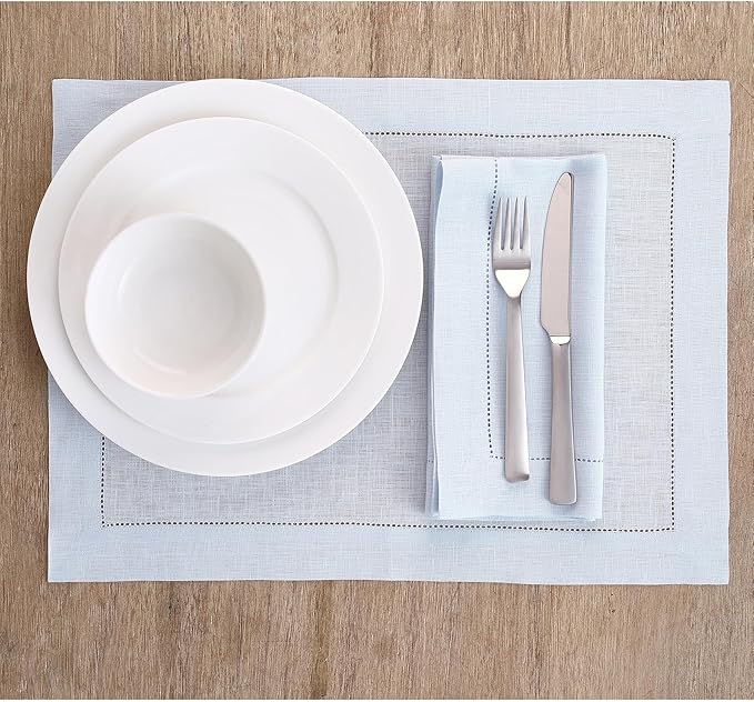 Solino Home Light Blue Linen Napkins Set of 4-100% Pure Linen Hemstitch Dinner Napkins 20 x 20 Inch for Spring, Summer, Mothers Day - Classic Hemstitch