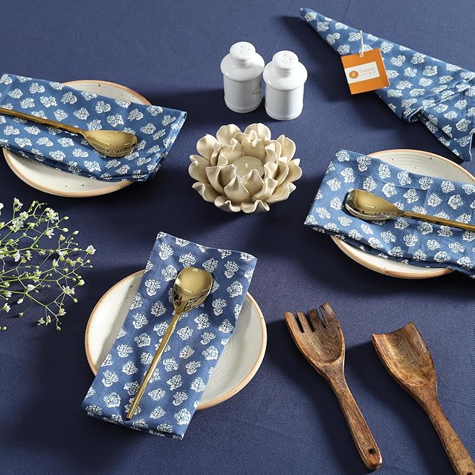 TARAN LIVING Printed Cotton Cloth Napkins Reusable Fall Dinner Napkins Reusable Floral Cloth Napkins Set of 6 Machine Washable Fabric for Events, Gift, Home Decor - 18"x18" - Indigo Blue, Pack of 6