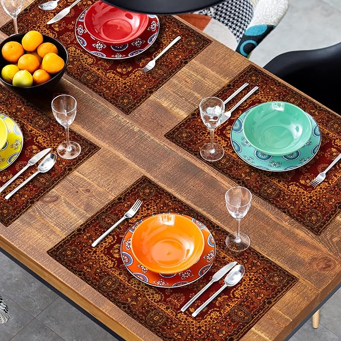 aportt Red Gold Boho Placemats Set of 4 Bohemian Vintage Retro Rug Carpet Linen Washable Kitchen Dining Table Mats Stain Heat-Resistant Desktop Decor Place Mats for Home Party Indoor 12x18 in