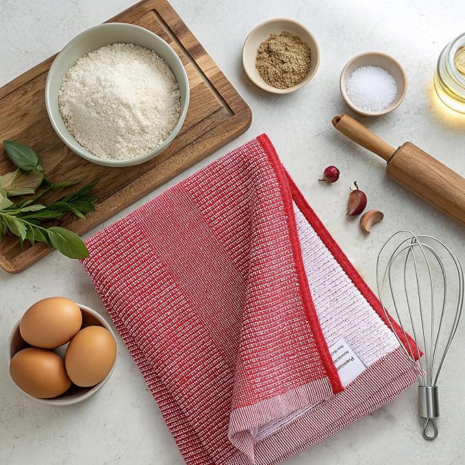 Mordimy Premium Kitchen Towels 6 Pack (18 x 28 Inches, Red), Large Cotton Kitchen Hand Towel, Flat & Terry Dish Towels for Drying Dishes, Super Absorbent Tea Dishtowels Set with Hanging Loop