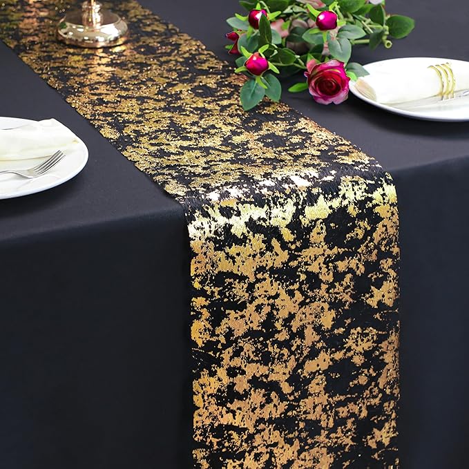 Snowkingdom Black and Gold Table Runner 49 Feet 588 inches Golden Metallic Centerpieces Foil Runners Party Decorations Glitter for Birthday Shower Wedding Retirement Christmas Thanksgiving Graduation