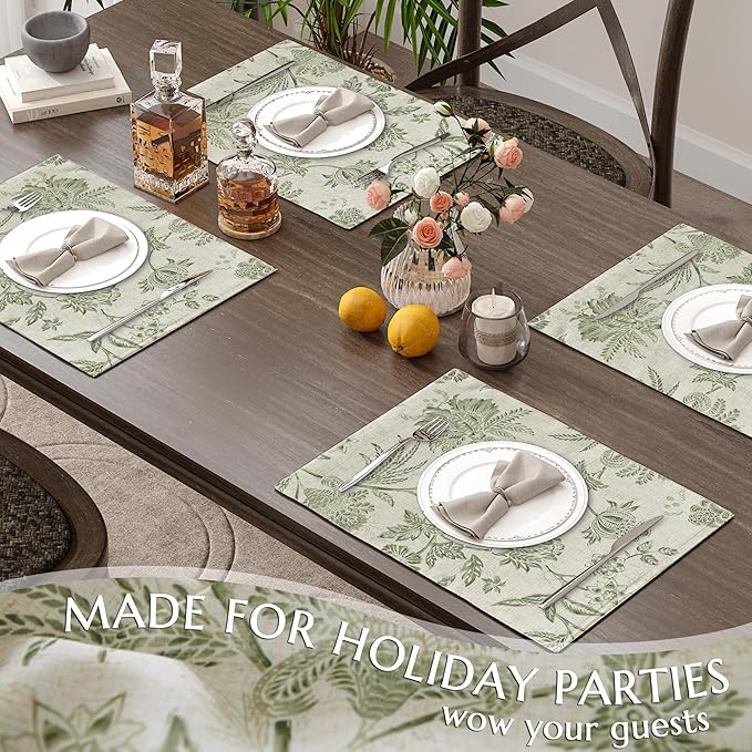 JINCHAN Linen Floral Fall Placemats Set of 4 Cloth Table Mats Rustic Cottagecore Jacobean Outdoor Seasonal for Kitchen Dining Table Decor Washable Tablemats 13x19 Inch Green