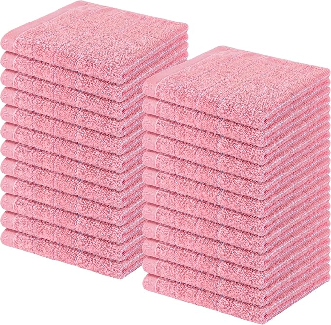 Homaxy 100% Cotton Terry Kitchen Dish Cloths, Ultra Soft and Absorbent Dish Towels for Kitchen, Suitable for Drying and Washing Dishes, 24 Pack, 12 x 12 Inches, Pink