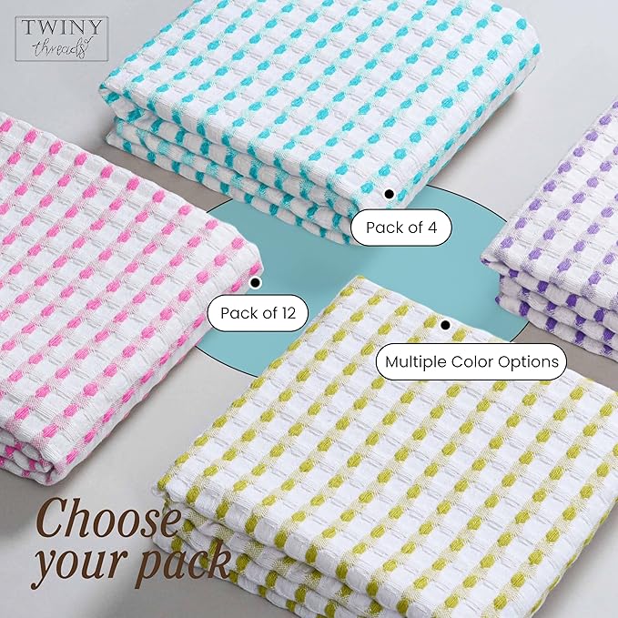 TWINY threads Multicolors White Waffle Towels 4 Pack, 16x26 Inches Absorbent Waffle Weave Kitchen Dish Cloth Set, Soft, Durable & Machine Washable Tea Towel, Rose Pink, Aqua Blue, Lavender, Green