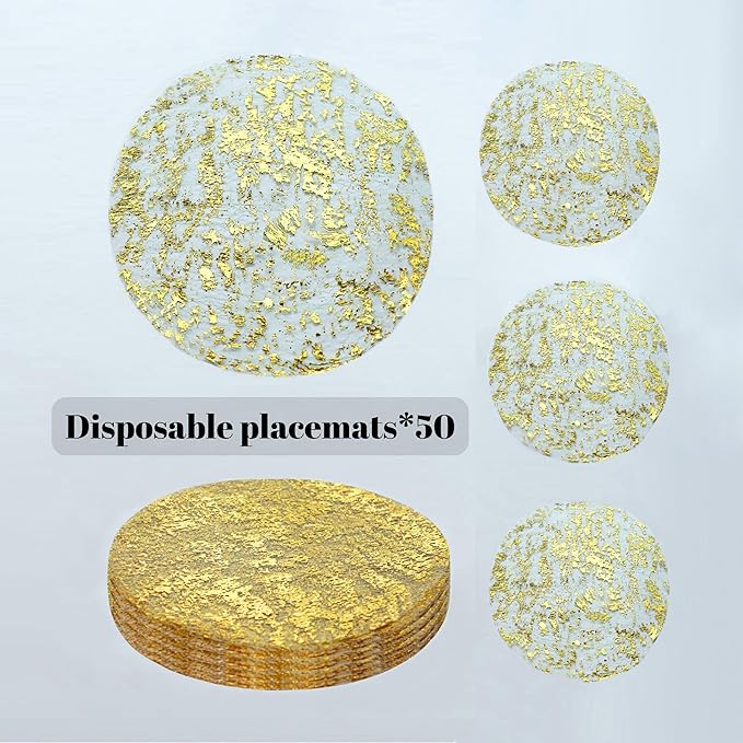 Snowkingdom Gold Placemats Set of 50 Round 13 Inch Foil Mesh Pressed Bulk Disposable Fall Table Mates 50 Pack Gold Doilies for Dining Table Wedding Birthday Party Holiday Home Decoration