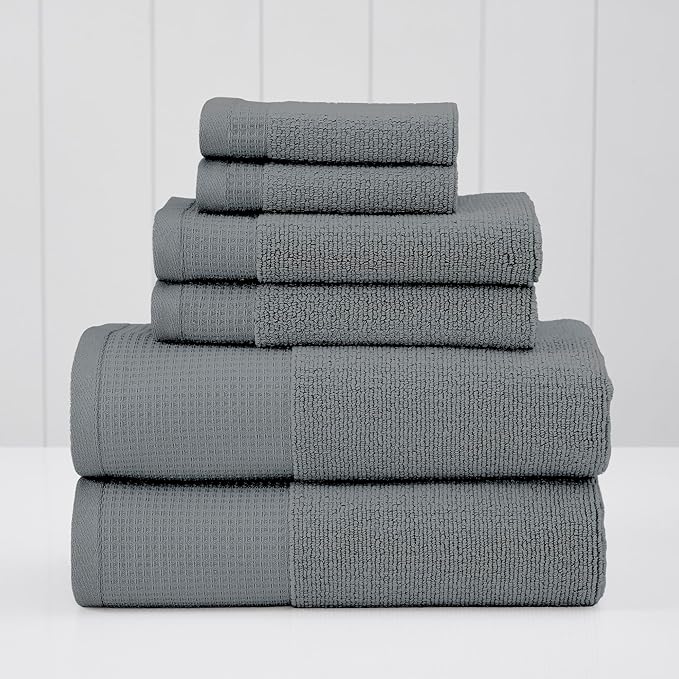 Modern Threads Waffle-Rib 6-Piece Towel Set – Premium Cotton Bath Towels, Ultra-Absorbent & Soft, Elegant Waffle Texture for Bathroom & Spa, Carbon