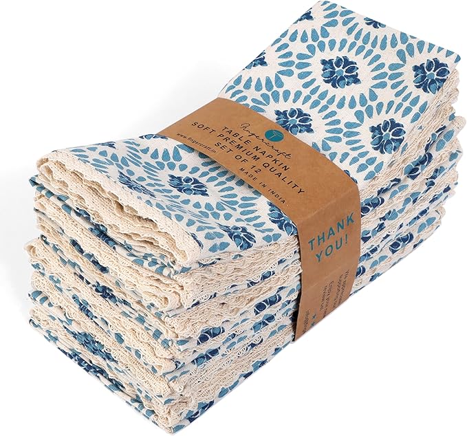 FINGERCRAFT Dinner Cloth Napkin Cotton Linen Blend 12 Pack Mitered Corners with Elegant Lace for Everyday Use Napkins are Pre Shrunk and Good Absorbency (Moroccan, 20in x 20in)