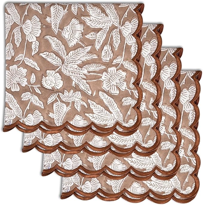 Ridhi Hand Block Print Oak Brown 18" x 18" (Set of 4) Embroidery Table Napkins Reusable Cotton Dinner Napkins for Weddings, Parties, Everyday Dining Gift for Spring, Easter, Valentine