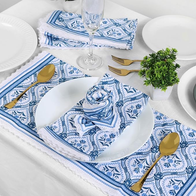 FINGERCRAFT Dinner Cloth Napkin Cotton Linen Blend 4 Pack Mitered Corners with Elegant Lace for Everyday Use Napkins are Pre Shrunk and Good Absorbency (Damask, 20in x 20in)