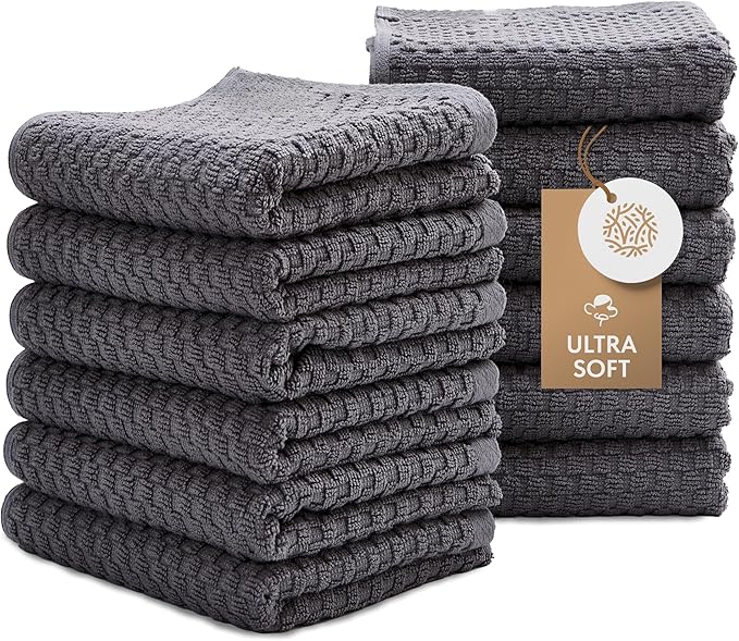 Wealuxe Super Absorbent Kitchen Towels 12 Pack - Premium 100% Cotton Kitchen Towels, 450GSM Thick Machine Washable Gray Dish Towels for Kitchen Drying, Cleaning, Dobby Weave, Unmatched Quality