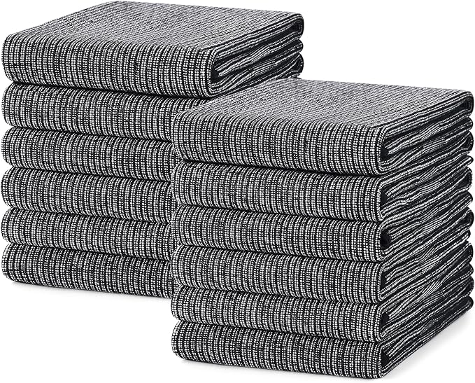 Mordimy Premium Kitchen Towels 12 Pack (18 x 28 Inches, Black), Large Cotton Kitchen Hand Towel, Flat & Terry Dish Towels for Drying Dishes, Super Absorbent Tea Dishtowels Set with Hanging Loop
