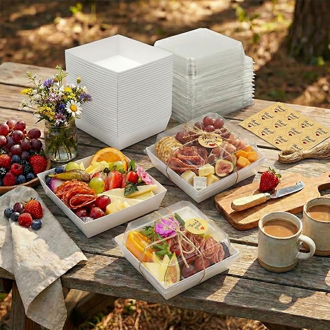 Leafiew 50 Pack Small Charcuterie Boxes with Clear Lids - To Go Paper Mini Charcuterie Box, Disposable Food Containers, 5Inch Dessert Boxes - Sandwich, Cookie, Sushi, Cake Slice, Strawberries (White)