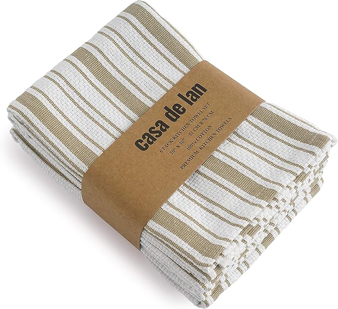 Kitchen Towels Set – Pack of 6 (20’’ x 30’’) Extra Large Premium Cotton Dish Towels for Kitchen – Basket Weave Towels – Absorbent – 100% Cotton – with Hanging Loop – Beige