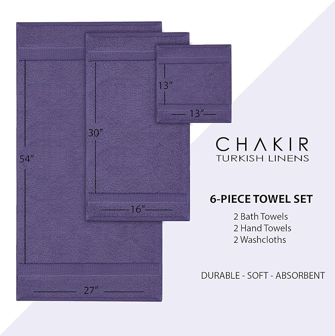 Chakir Turkish Linens Luxury Spa and Hotel Quality Premium Turkish Cotton 6-Piece Towel Set (2 x Bath Towels, 2 x Hand Towels, 2 x Washcloths)