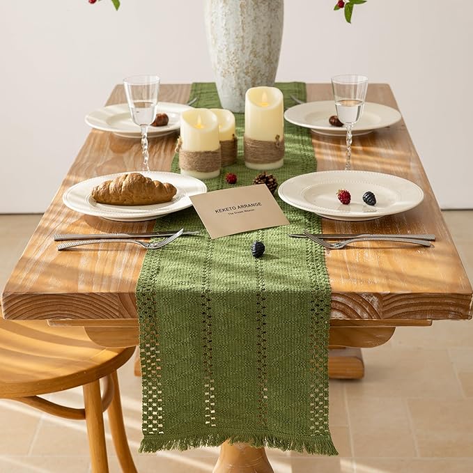 Keketoarrange Boho Sage Green Table Runner for Spring Home Decorations 12x48 Inches Farmhouse Small Macrame Woven Burlap Rustic Coffee Dresser Table Runner Dining Kitchen Centerpiece Bohemian Decor