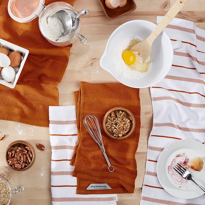 KitchenAid Albany Kitchen Towel 4-Pack Set, Honey Orange/White, 16"x26"