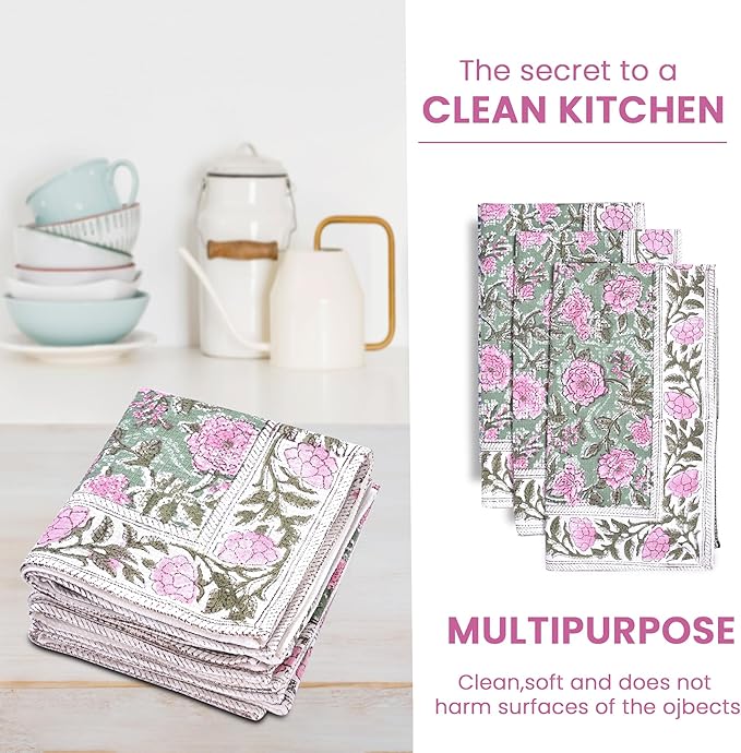 CPC Pink Tourmaline Hand Block Print Waffle Kitchen Towel Set of 3-16 x 28 Inch Ultra Absorbent Quick Dry Cotton Lightweight Reusable Sustainable Tea Towels for Cleaning and Drying Gift for Christmas