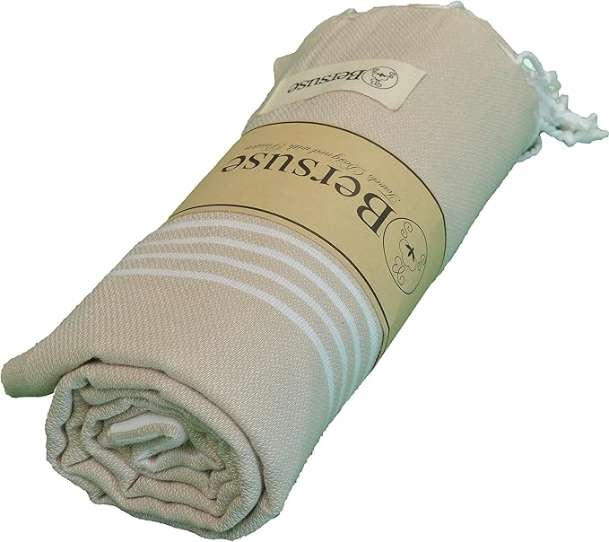 Bersuse Towels Anatolia XL Beach Blanket Throw Blanket Turkish Towel 100% Cotton Extra-Large Quick-Dry Lightweight Premium Peshtemal Towel - 61x82 Inches, Beige (Set of 3)