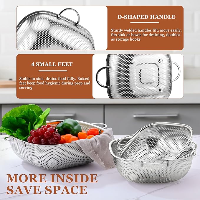 E-far 4QT Square Stainless Steel Colander - Metal Strainer with Handle for Draining Pasta & Vegetables, Micro-Perforated & Elevated Feet, Dishwasher Safe