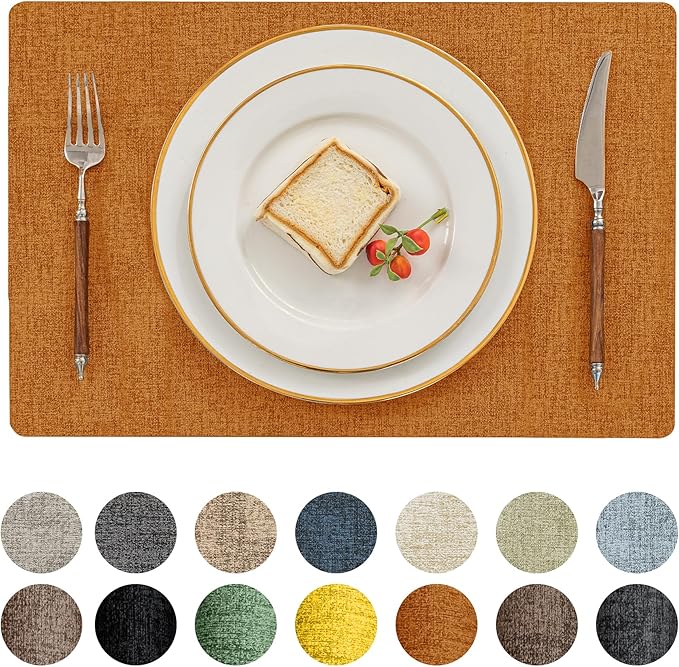 Romanstile Vinyl Placemats Set of 4-12 X 17 Inch - Faux Leather 100% Waterproof Oil-Proof Wipeable Place Mats, Heat Resistant Reversible PU Table Mats for Kitchen Dining Party Outdoor, Orange
