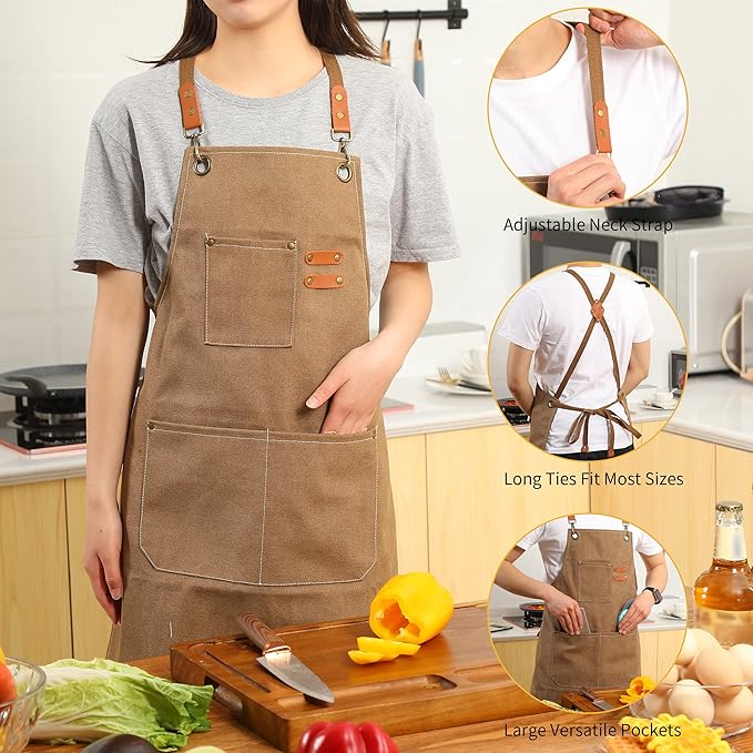 Tosewever 2 Pack Canvas Cross Back Chef Apron for Men Women with Pockets, Cotton Tool Aprons for Cooking Kitchen BBQ Artist