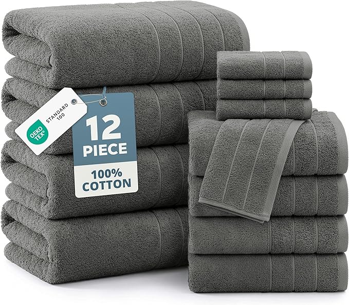 CASA PLATINO Premium Cotton Turkish Towel Set for Bathroom - 12 Pc - Super Soft, Quick Dry & Highly Absorbent - 4 Bath, 4 Wash Cloth, 4 Hand Towels - Hotel Quality, Durable & Easy Care - Ultimate Grey