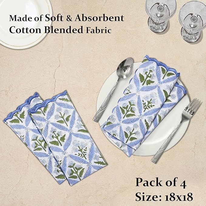 Ridhi Hand Block Print Light Steel Blue 18" x 18" (Set of 4) Embroidery Table Napkins Reusable Cotton Dinner Napkins for Weddings, Parties, Everyday Dining Gift for Spring, Easter, Valentine
