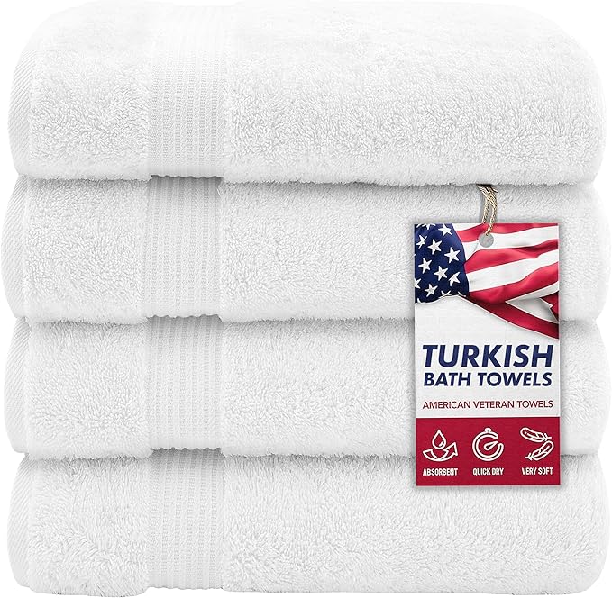 American Veteran Towel, Turkish Bath Towels for Bathroom 4 Pack, 27x54 Extra Large Premium Soft Drying Bathroom Towels, White