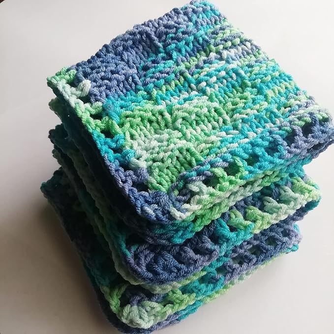 Cotton colorful dishcloth reusable set of 3, Knitted absorbent bright mini towels Dark blue-light green crochet square rags ecology
