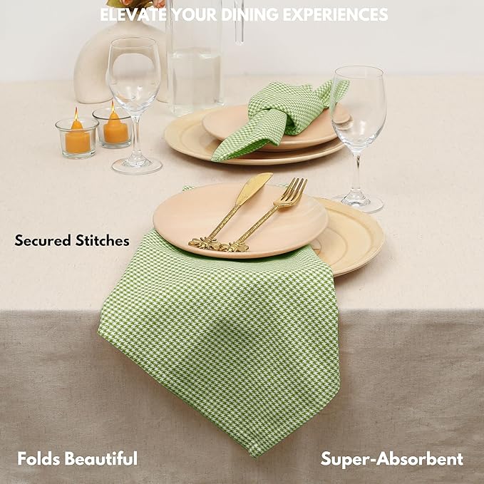 Mint Green Cloth Napkins 12 Pack, 18x18 Inches, 100% Cotton, Houndstooth Check Pattern, Soft, Decorative Washable Table Linen for Dining, Family Dinner, Easter Brunch, Spring Wedding