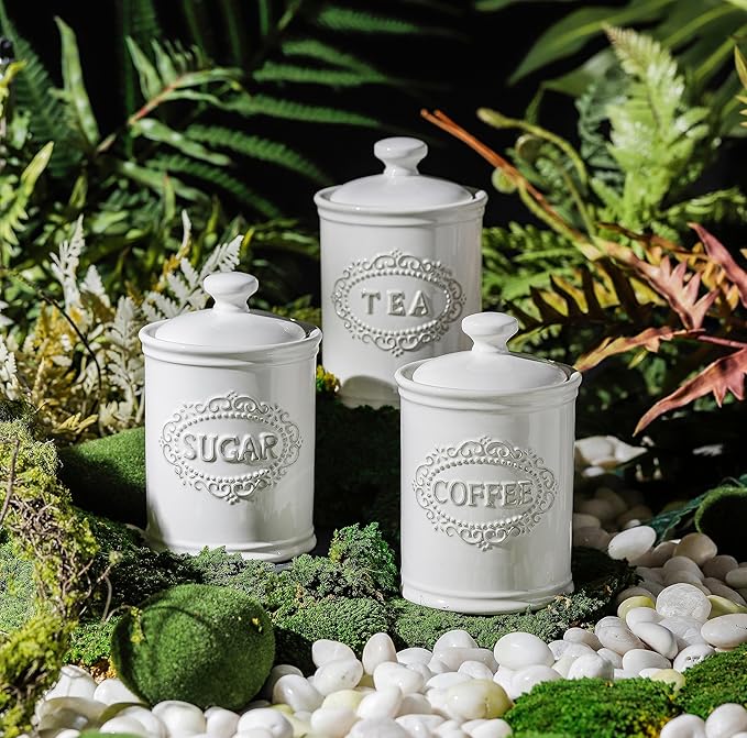 Relief Vine Ceramic Canisters Sets For The Kitchen For Countertop Set of 3 Airtight Coffee Canisters For Ground Coffee Sugar Container Storage Jars With Lids Farmhouse Decor Tea caddies