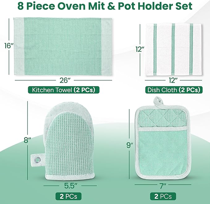Casa Platino Potholders & Oven Mitts Heat Resistant, 8-Piece Mini Oven Mitt with Silicone Grip, Potholder for Kitchens, 2 Kitchen Towels & 2 Dish Cloths – Durable & Non-Slip – Sage