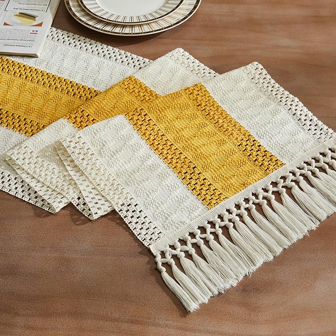 ZeeMart Macrame Style Bicolor Stitching Table Runner, 14 x 60 Inch Mustard/Ivory, Boho Yellow Table Runners 60 Inches Long, Farmhouse Woven Home Decor