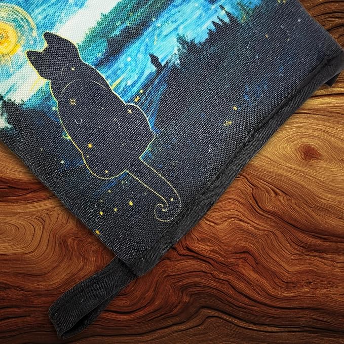 Black Cat Starry Night Oven Mitts, High Heat Resistant Kitchen Oven Gloves, Mini Silicone Oven Mitts, Non-Slip Grip Surfaces and Hanging Loop for Grilling, Baking, Cooking and Microwave, Gift
