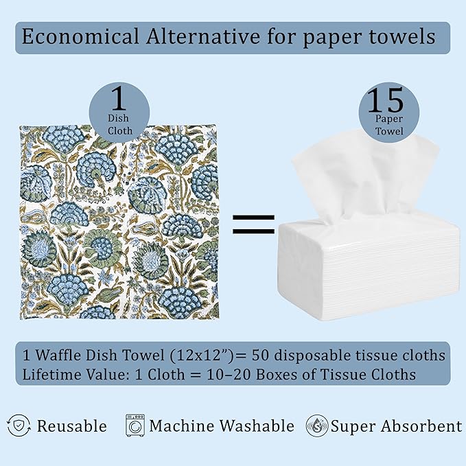Ridhi Asparagus Green Hand Block Print Cotton Waffle Dish Cloth Set of 6-12x12 Inch Super Absorbent, Soft, Reusable Kitchen Towels for Dish Drying Cleaning, Ideal for Spring, Easter, Valentine