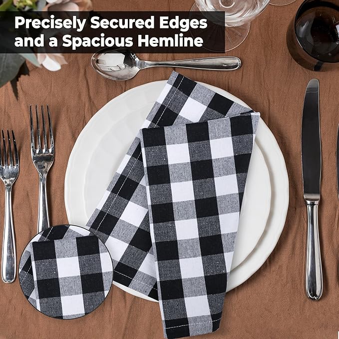 Urban Villa Cloth Napkins Set of 12 20x20 Inches 100% Cotton Napkins Cloth Washable Durable Reusable Absorbent Table Dinner Napkins Cloth for Hotel Lunch Restaurant Weddings Parties-Black white Checks