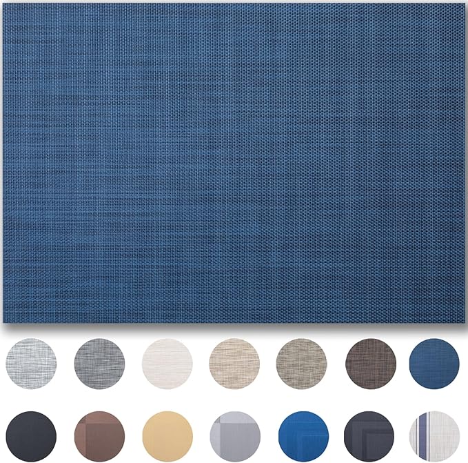 Placemats Set of 12 - Easy Clean Woven Vinyl Placemats for Dining Table, Indoor/Outdoor Place Mats, Washable PVC Table Mats（Navy Blue）